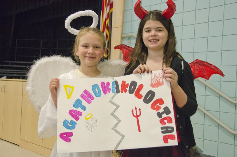 Part good and part evil? Delaney Veilleux and Ella Lawrence chose the word agathokakological for Vocabulary Day. BY GEORGIA SPARLING